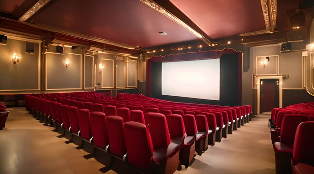 An empty cinema auditorium with red velvet seats, dim golden lights casting soft shadows, a large silver screen at the front, and a vintage popcorn machine in the corner