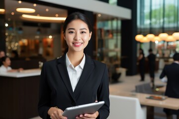 Portrait of a businesswoman with tablet in professional attire, using technology in the workplace