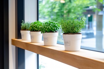 Herbs in pots on windowsill, cafe view