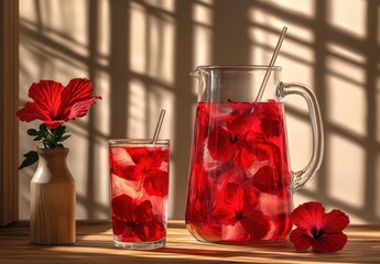 Refreshing Hibiscus Drink in a Glass and Pitcher with Flower Accents Cast in Shadow and Natural Light on a Wooden Table