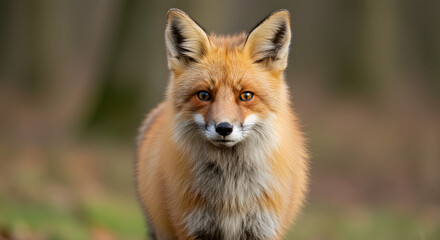 Naklejka premium Captured in close proximity, a red fox, Vulpes vulpes, is seen standing in a woodland during the autumn season. The animal, with its distinctive orange fur, is gazing at the camera