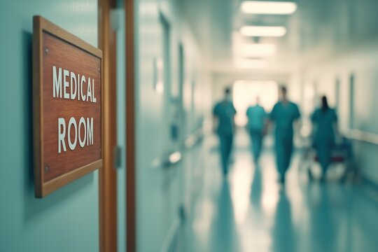 Vis&atilde;o do consult&oacute;rio m&eacute;dico em um corredor hospitalar movimentado