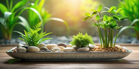 Serene miniature garden arrangement featuring vibrant green foliage, smooth stones, and tranquil earth tones, a calming indoor scene representing nature's peace