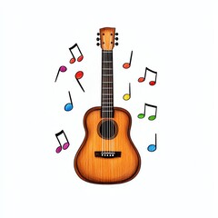 Obraz premium A colorful acoustic guitar with musical notes floating around it, symbolizing joy and creativity in music.