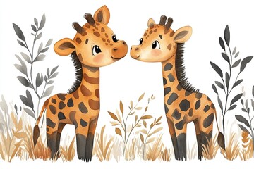 Fototapeta premium Two cute giraffes nuzzling amidst foliage in a playful, whimsical style.