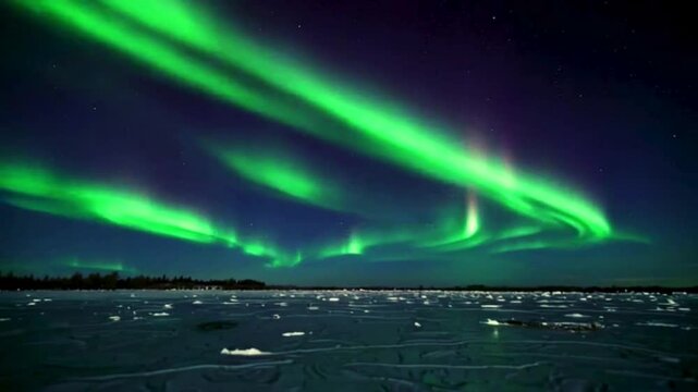 Aurora Borealis Over a Frozen Landscape - The mesmerizing colors of the Northern Lights over a snowy expanse, 4K Hd Video footage.