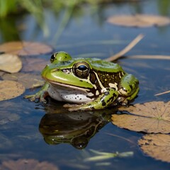 Obraz premium Ecosystem Harmony: Northern Claude Pool Frog in Pond with Insects and Fish