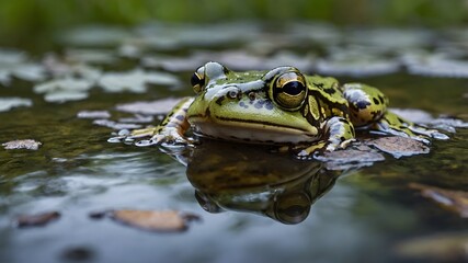 Fototapeta premium Pond Life in Motion: Northern Claude Pool Frog Interacting with Insects and Fish
