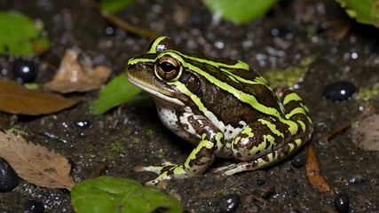 Obraz premium Blending In: Northern Claude Pool Frog Camouflaged on Muddy Bank Among Leaves and Rocks