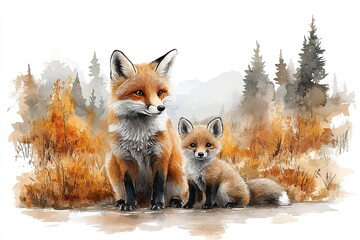 Obraz premium A fox and its kit sit together in a serene autumn landscape.