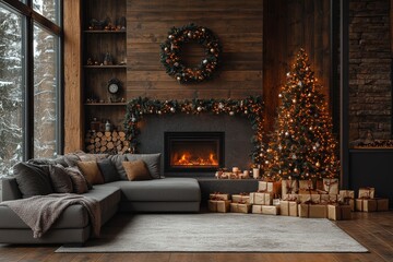 Obraz premium Modern living room decorated for Christmas with a wooden wall, fireplace, grey sofa, Christmas tree with garland, gifts, and a clock on a white background.
