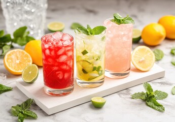 Fototapeta premium Refreshing Summer Beverage Selection with Colorful Cocktails Featuring Bright Citrus Fruits and Fresh Mint Garnishes for a Vibrant Get-Together