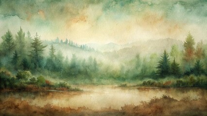 Obraz premium Serene Watercolor Landscape of Misty Forest and Still Water Reflecting a Tranquil Dawn