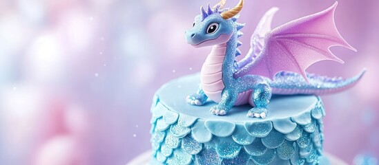 Enchanted Dragon Cake: A whimsical blue dragon adorns a pastel cake, perfect for a fairytale birthday celebration or fantasy themed event.
