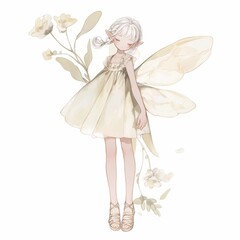 Elegant Fairy Girl with Wings in a Pale Dress Delicate Flowers Watercolor Illustration