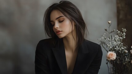 Fototapeta premium Elegant Woman in Black Blazer Eyes Closed Near Flowers