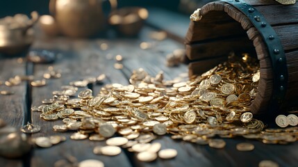A wooden barrel spills a treasure of gold coins onto a rustic wooden surface, creating a captivating scene of wealth and adventure.