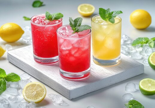 Refreshing Summer Drinks Displayed on a White Wooden Surface with Fresh Lemons and Mint Leaves on a Bright Background