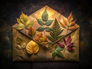 Intricate pressed leaves, vintage botanical photography, detailed textures, dark background macro shot.