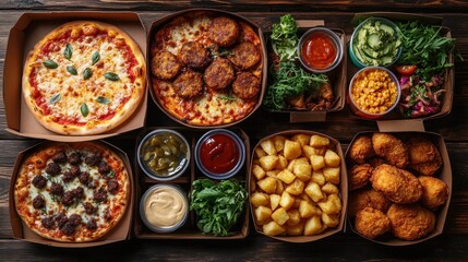 A vibrant assortment of delicious pizzas, sides, and salads arranged in takeout boxes on a wooden table