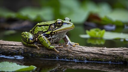 Fototapeta premium Calm Waters: Marsh Frog Perched on Log in a Serene Marsh Landscape