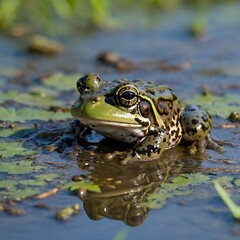 Obraz premium Life in Stages: Marsh Frog and Tadpoles in Calm Shallow Water