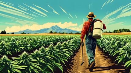 A farmer carries a spray tank on a marijuana field, with a view of a beautiful clear sky