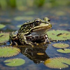 Obraz premium Gentle Watch: Marsh Frog Resting Beside Tadpoles in Tranquil Shallow Pool