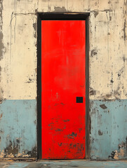 Red Door on Weathered Wall: A bold red door stands out against a weathered and worn wall, inviting curiosity and a glimpse of the unknown.