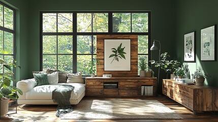 Cozy living room with greenery and natural light, promoting relaxation.