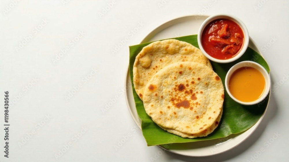 Wall mural Aromatic Flatbreads Served with Two Savory Dips on a Lush Green Leaf Platter