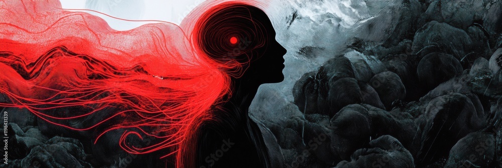 Fototapete person surrounded by swirling lines and abstract shapes in a surreal environment full of color and m