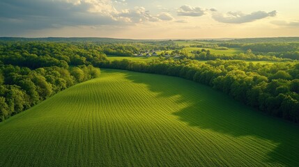 Obraz premium Aerial view green field, sunset, farm, forest