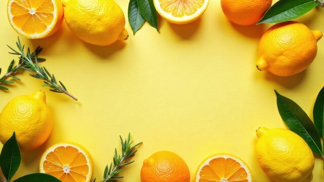 Vibrant citrus fruits and aromatic herbs arranged artfully on a sunny yellow background, creating a refreshing and zesty composition perfect for culinary or wellness themes.