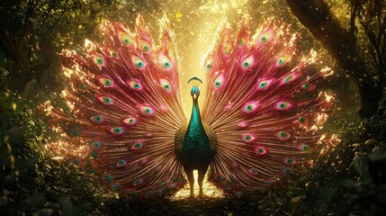 Majestic peacock displaying vibrant plumage in a sunlit forest.
