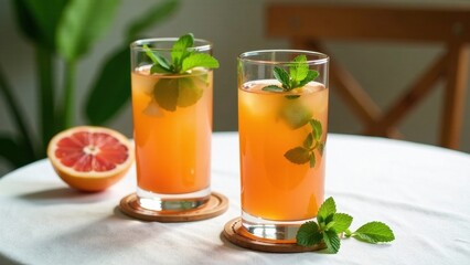 Fototapeta premium Refreshing citrus beverage with ice and mint garnish served in tall glasses on a table