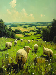 Fototapeta premium Sheep grazing in a green rolling pasture