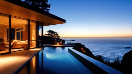 Fototapeta premium Luxury Oceanfront Villa at Dusk: Infinity Pool and Breathtaking Sunset Views