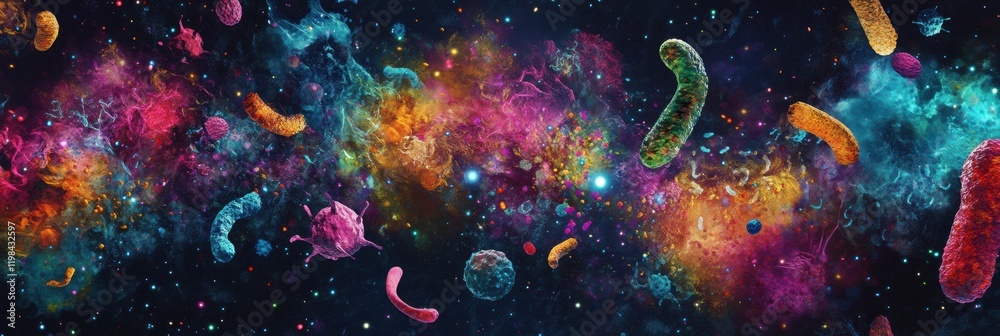 Aufkleber exploration of a vibrant array of bacteria and microbes in an imaginative cosmic setting. generative