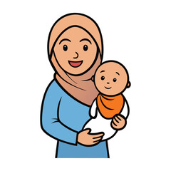 A joyful Muslim mom, glowing with love, cradles her baby in her arms. She wears a hijab, radiating warmth and care, as her baby giggles, creating a heartwarming moment.