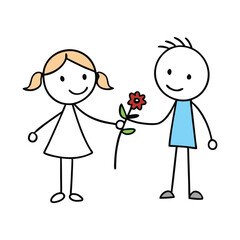 A charming stick-figure boy extends a flower to a smiling stick-figure girl, capturing a heartwarming moment of innocence, kindness, and sweet affection.