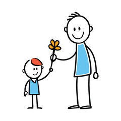 Fototapeta premium A heartfelt stick-figure scene: a caring father hands a flower to his smiling son, capturing a moment of love, warmth, and the simple joy of sharing.