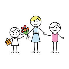 A heartwarming scene of a stick-figure boy joyfully handing a flower to his mother, capturing pure love and gratitude in simple, charming lines. Perfect for family-themed designs.