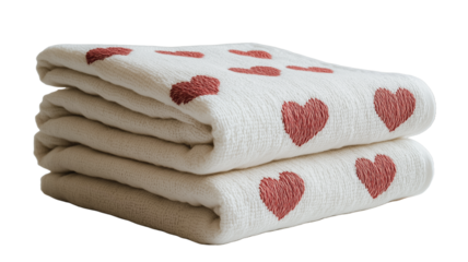 Cozy Heart Blanket Stack: A stack of soft, cream-colored blankets featuring a delicate, repeating heart pattern in a muted terracotta hue. Perfect for adding a touch of warmth and romance to any room.