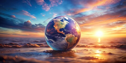 A Global Sunrise Orb of Earth Resting Gently on Ocean Waves at Dawn