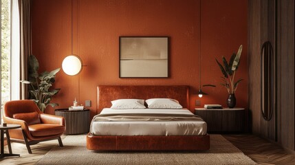 Luxurious bedroom with terracotta walls, leather bed, and armchair.