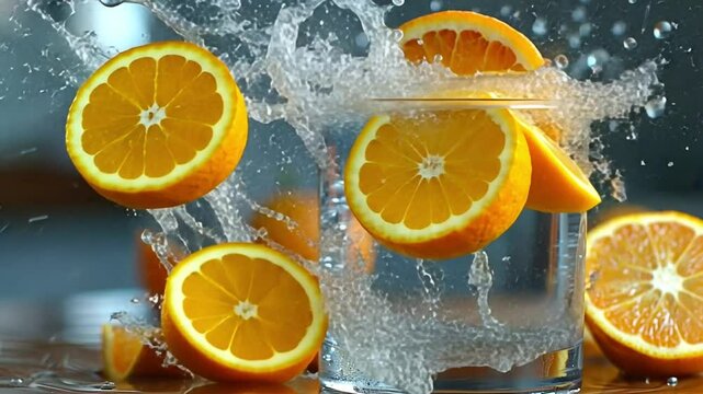 Orange slices in water glass Footage 4K