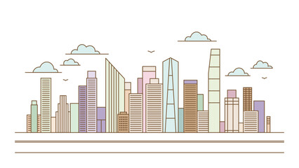 Obraz premium Cityscape Skyscrapers Architecture Building Landscape in Colorful Filled Line Art Design