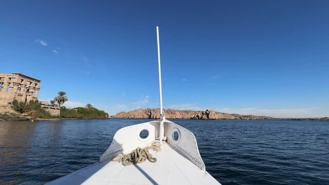 The Philae Temple is located on an island and was built in honor of Isis, goddess of love, in the Aswan Low Dam reservoir, with small boats to go to the temple.