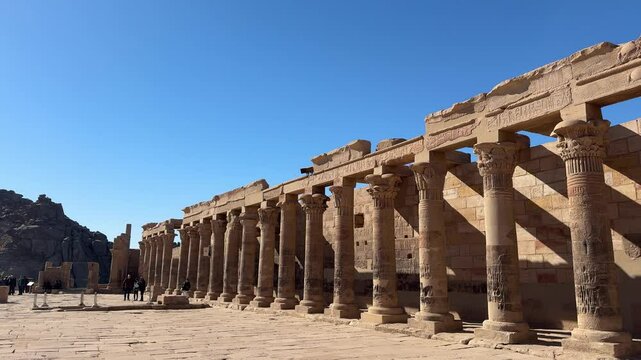 The Philae Temple is located on an island and was built in honor of Isis, goddess of love, in the Aswan Low Dam reservoir, with small boats to go to the temple.